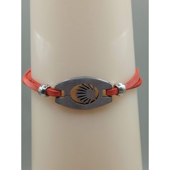 Sunburst Seashell Symbol Emblem on Orange Leather Band Bracelet - Picture 1 of 8